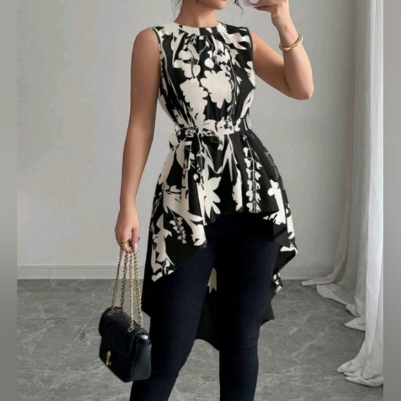 Women's Floral Retro Print Self-Tie Waist Asymmetrical Hem Short Sleeve Blouse - Picture 1 of 5